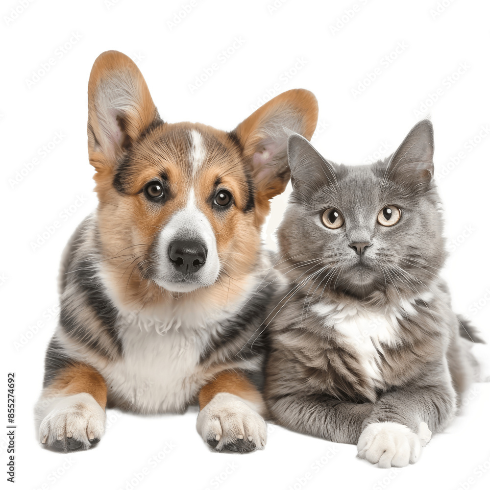 Cat and dog together panting Puppy Welsh Corgi looking at camera and proud grey cat Isolated on transparent background PNG Cat and dog together panting Puppy Welsh Corgi looking at camera and proud grey cat Isolated on transparent background PNG