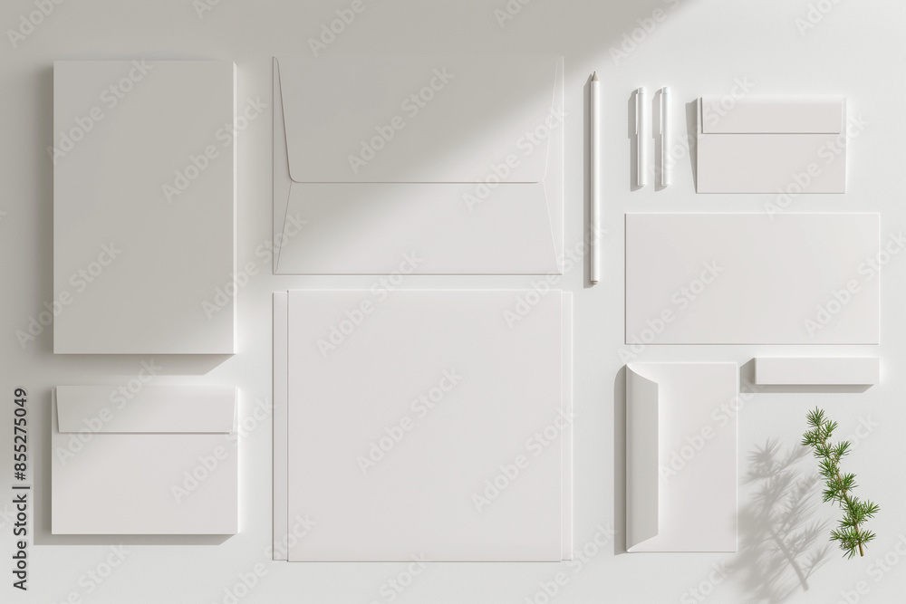 A blank corporate stationery set laid out on a paper background, presented as a template for branding design A blank corporate stationery set laid out on a paper background, presented as a template for branding design