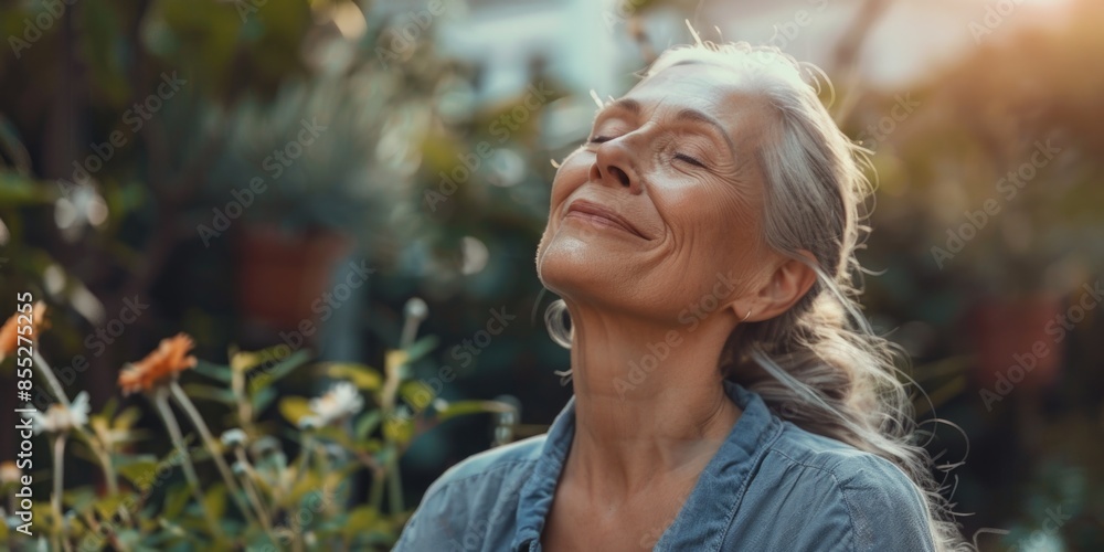 A happy woman smiling upwards, possibly contemplating or appreciating something in the sky A happy woman smiling upwards, possibly contemplating or appreciating something in the sky
