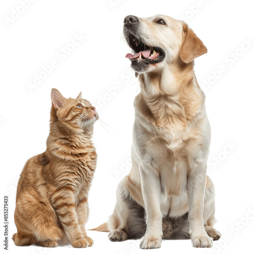 Labrador retriever dog panting and ginger cat sitting Isolated on transparent background PNG