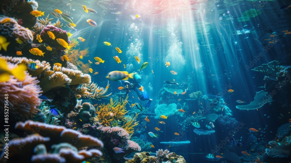 Naklejka premium Vibrant underwater coral reef with diverse marine life and fish swimming in sunlight rays. Beautiful aquatic scenery highlights ocean biodiversity.