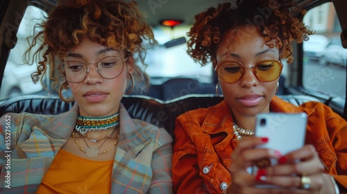 Two Women Smiling While Looking at a Cell Phone