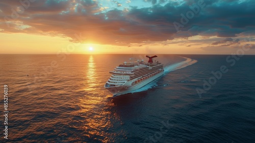 Cruise Ship Sailing in Ocean at Sunset