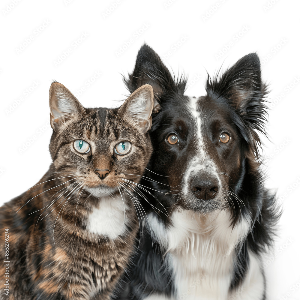 Portrait of a tabby cat and a border collie sheepdog looking at the camera Isolated on transparent background PNG Portrait of a tabby cat and a border collie sheepdog looking at the camera Isolated on transparent background PNG