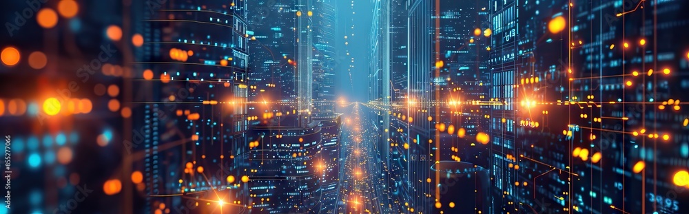 custom made wallpaper toronto digitalFuturistic city, skyscraper, with wavelengths, abstract color lines, night scene, bright ambience, intricate lights, smart city concept. Digital illustration, mixed media. AI generated illustration