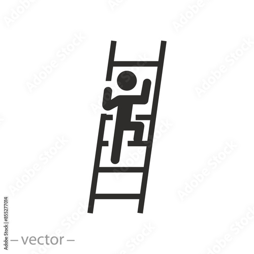 target achievement motivation icon, concept person development, man climbing ladder, up rise progress, flat symbol on white background - vector illustration