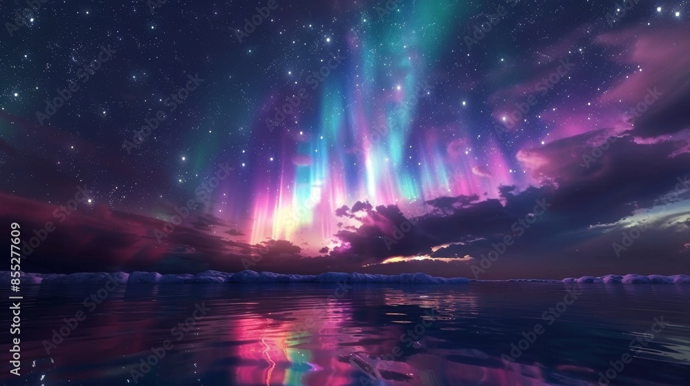 Naklejka premium A beautiful night sky with a purple aurora and a few clouds