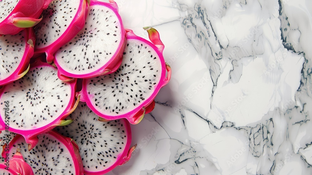 sliced dragon fruit on a marble background sliced dragon fruit on a marble background