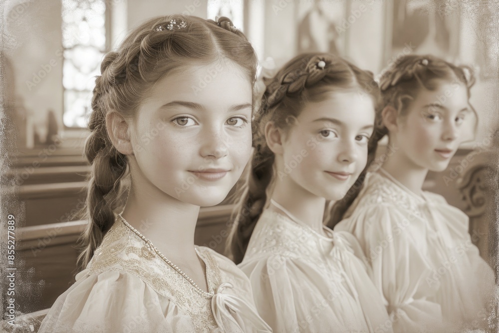 Naklejka premium First communion joy - heartwarming moments of young believers in white dresses, celebrating this sacred Christian sacrament with faith, purity, spirit of spiritual growth in memorable church ceremony.