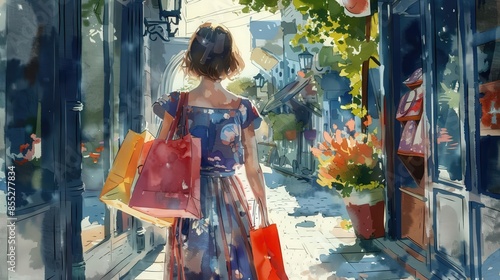 A watercolor-style illustration of a person in a vintage dress holding colorful shopping bags and glancing at a detailed photo