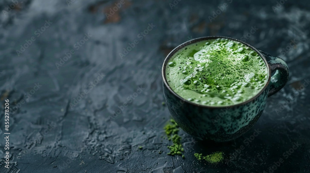 Mug of matcha green tea on the table, background with space for text