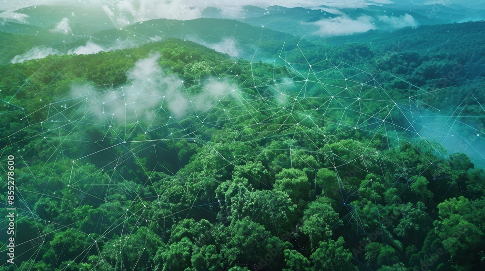 Fototapeta premium A panoramic shot captures a lush green forest from above, overlaid with a digital network visualization.
