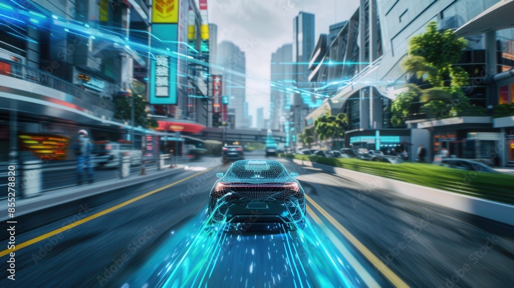 A futuristic car drives through a busy city with digital lines trailing behind it. A futuristic car drives through a busy city with digital lines trailing behind it.