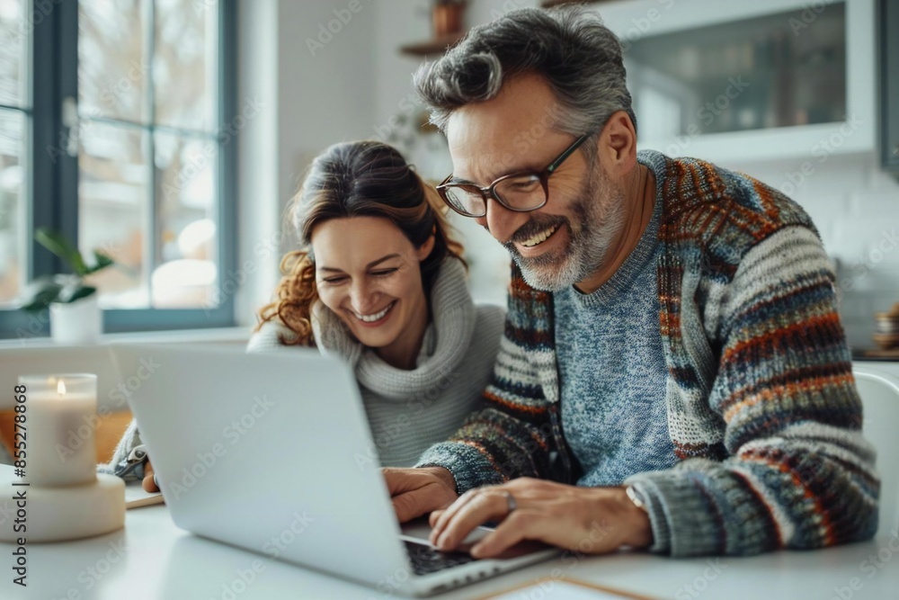 Middle-aged couple in smart casual attire sharing laughter while using a laptop at home against white backdrop. Middle-aged couple in smart casual attire sharing laughter while using a laptop at home against white backdrop.