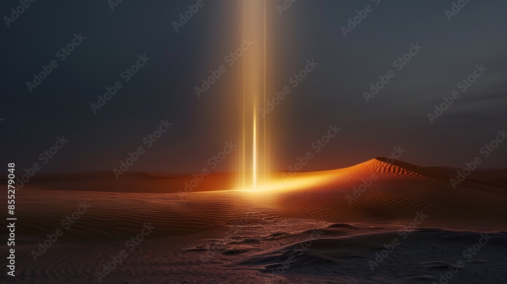 A desert landscape with a glowing light in the distance A desert landscape with a glowing light in the distance