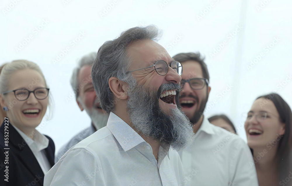 Business Partners Celebrate Successful Deal in Stylish Office Attire with Bearded Man and Glasses-Wearing Employees Business Partners Celebrate Successful Deal in Stylish Office Attire with Bearded Man and Glasses-Wearing Employees