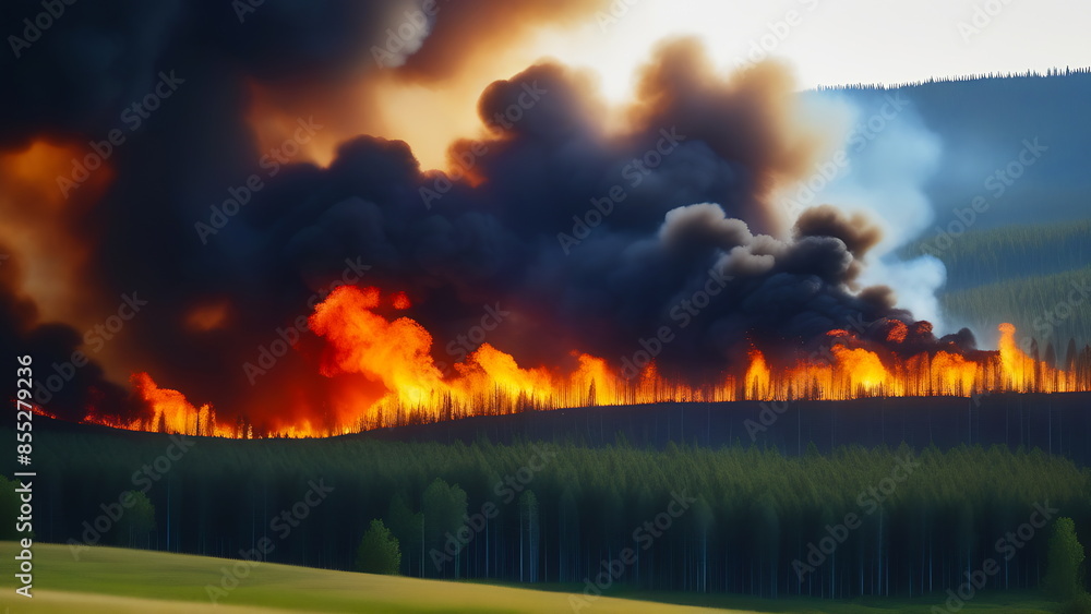 A strong fire on a hot day in the forest near a green field A strong fire on a hot day in the forest near a green field
