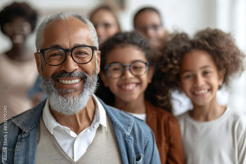 Family Members in Smart Casual Attire Laughing Together with Well-Groomed Male Sporting Beard, Eyeglasses, Against White and Light Gray Background with Blurred Couple in Foreground Family Members in Smart Casual Attire Laughing Together with Well-Groomed Male Sporting Beard, Eyeglasses, Against White and Light Gray Background with Blurred Couple in Foreground