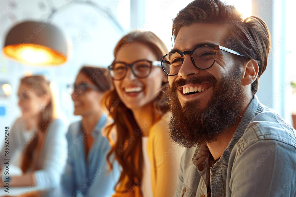 Fototapeta premium Stylish Casual Dress, Bearded Man, and Laughter in Modern Setting