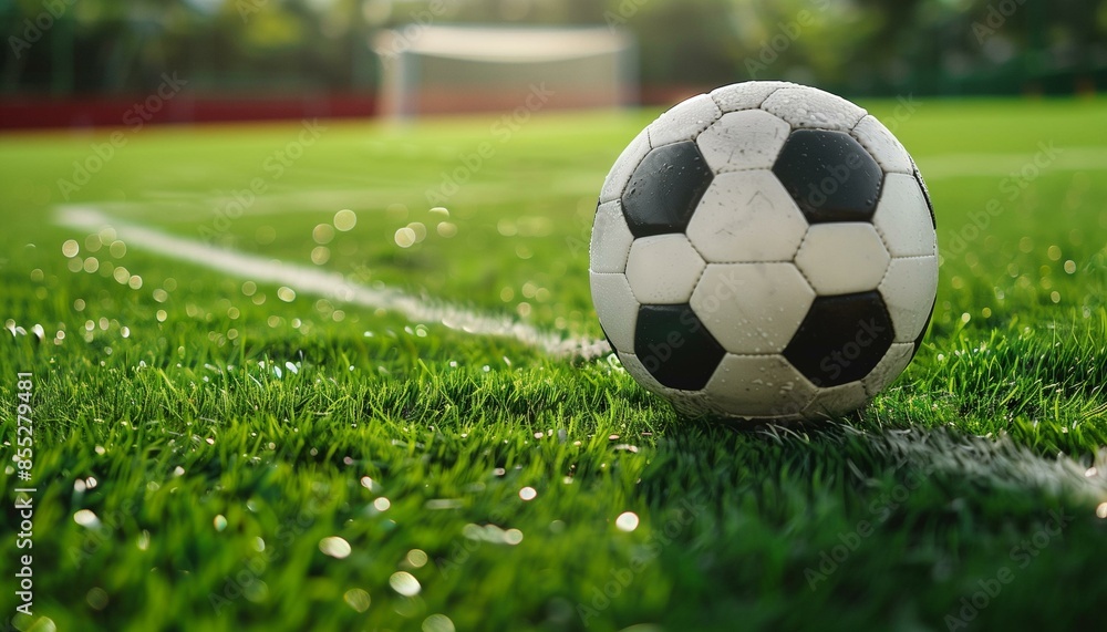 Fototapeta premium Soccer Ball on Green Field with Goal in Background on Sunny Day