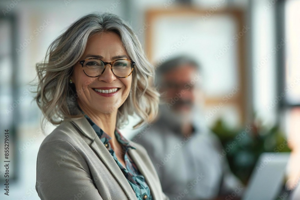 Cheerful HR Manager with Glasses Laughing in Office Setting Cheerful HR Manager with Glasses Laughing in Office Setting