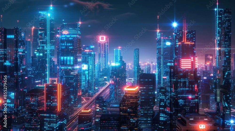 A digital art depiction of a futuristic cityscape with towering skyscrapers adorned with glowing neon lights. A digital art depiction of a futuristic cityscape with towering skyscrapers adorned with glowing neon lights.