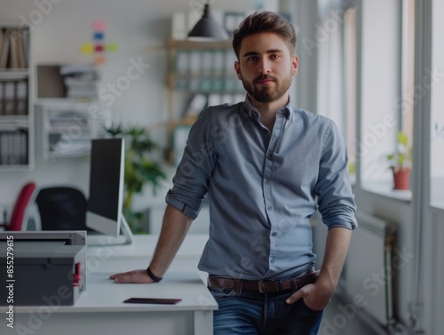 A man stands in front of a desk with a printer, ready to work or study