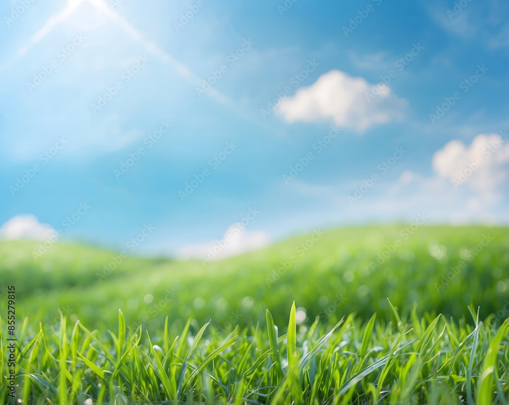 Fototapeta premium World Environment Day concept green grass and blue sky abstract background with bokeh design