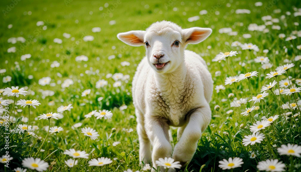 Obraz premium A unique white sheep running in a green meadow