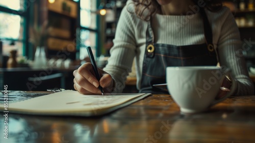 Written, coffee shop owner and cafe entrepreneur with vision, inventiveness, and schedule/menu planning. Restaurant barista calculating finances with notepad or book.