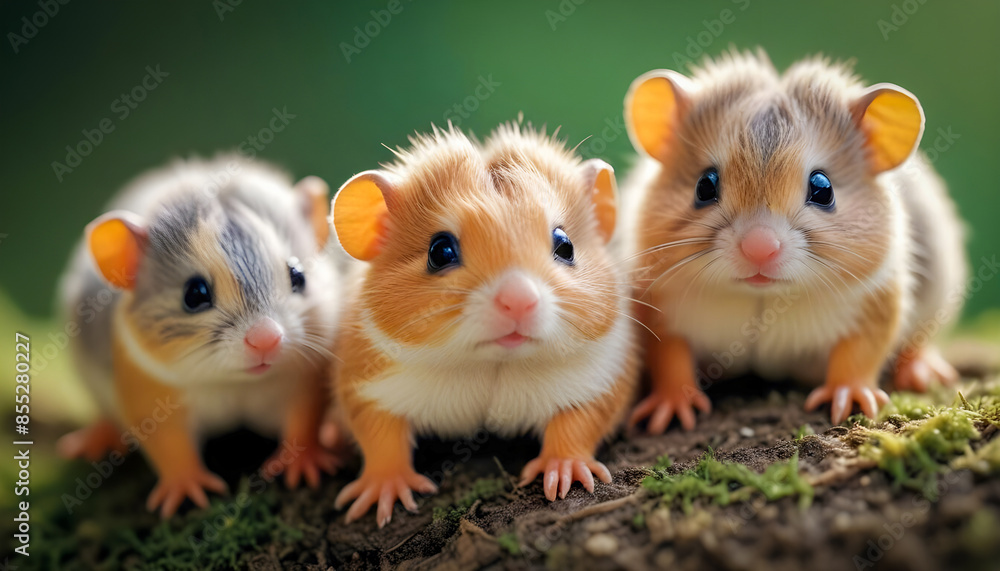 Macro photography. Little cute hamsters sitting on a tree branch Macro photography. Little cute hamsters sitting on a tree branch