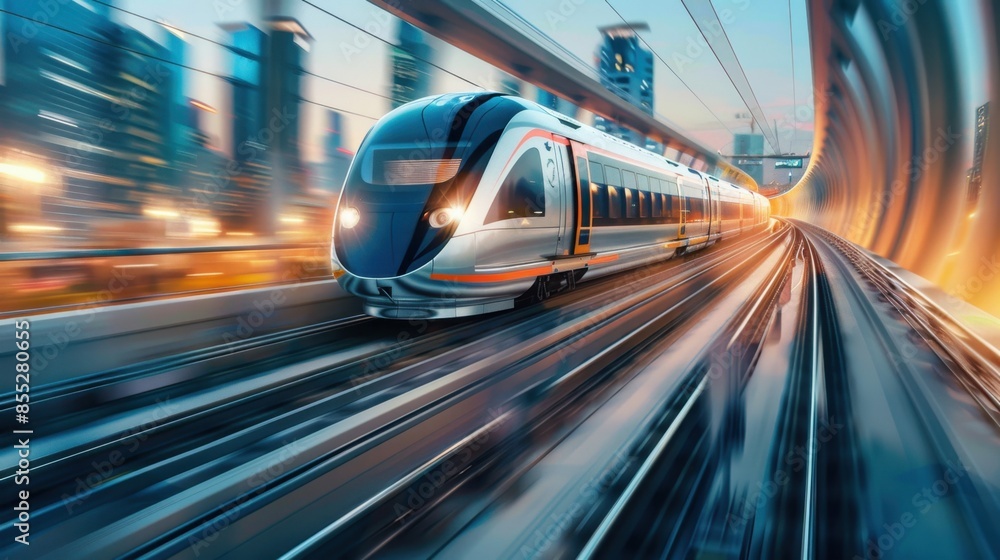 A sleek, modern train speeds through a city at dusk, leaving a trail of motion blur.