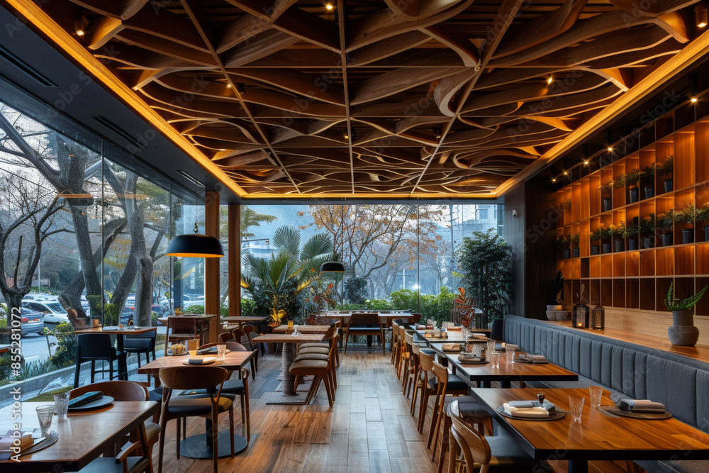 Fototapeta premium Modern Restaurant with Wooden Ceiling