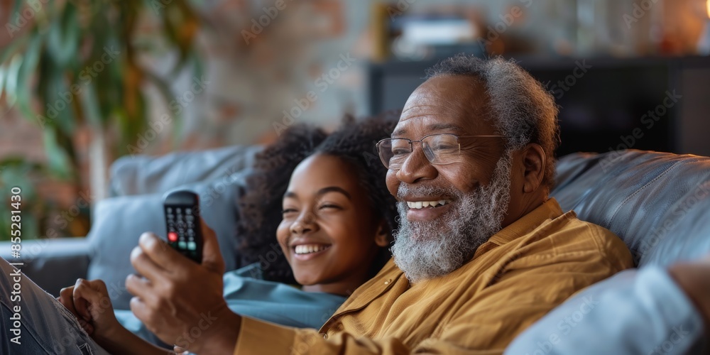 Photo of senior couple enjoying TV on sofa with comedy show, movie, or movies at home with love and hug. Biracial watching TV and lounging on couch with elderly companion Photo of senior couple enjoying TV on sofa with comedy show, movie, or movies at home with love and hug. Biracial watching TV and lounging on couch with elderly companion