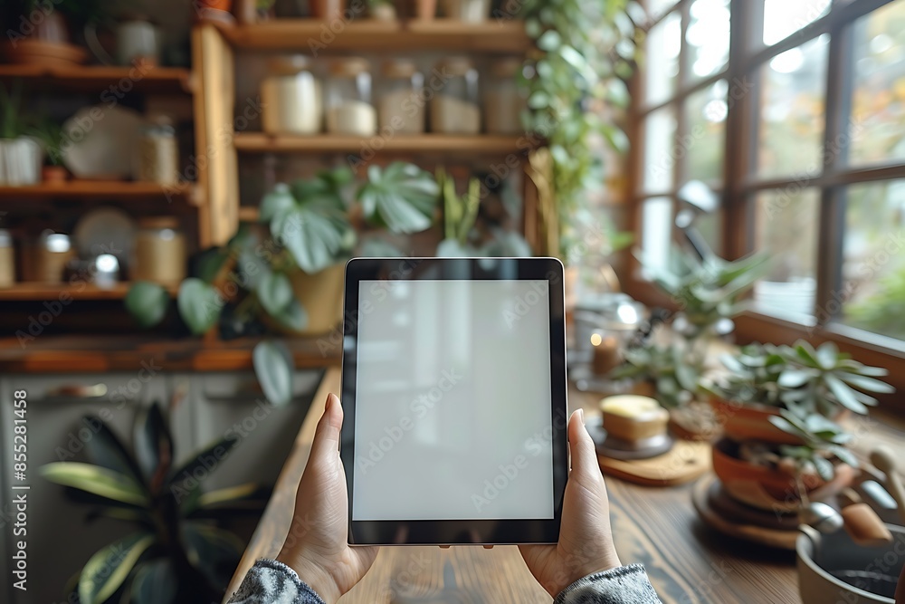 Hands holding a tablet in a cozy kitchen Hands holding a tablet in a cozy kitchen
