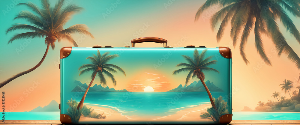 vacation travel time banner, open travel suitcase with an exotic destination inside with copy space area design. vacation travel time banner, open travel suitcase with an exotic destination inside with copy space area design.