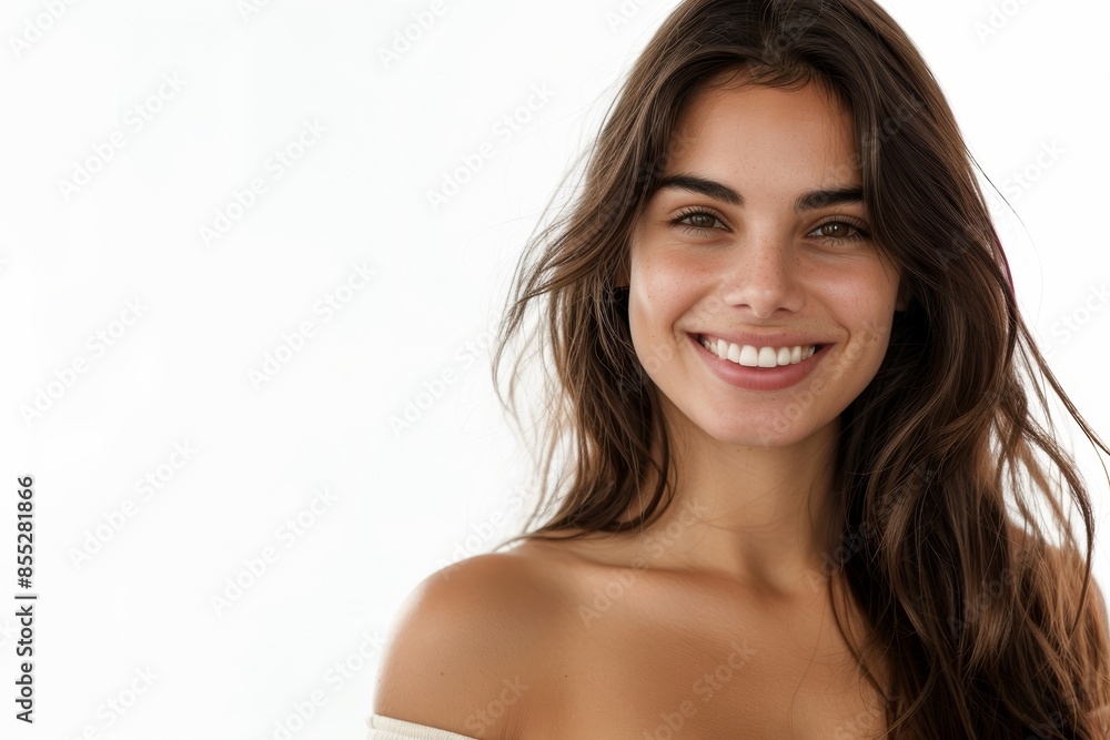 Cosmetics, natural beauty, and dermatology health advertisement mockup of woman, hair, and skincare on white studio background. Wellbeing model, organic facial, clear skin Cosmetics, natural beauty, and dermatology health advertisement mockup of woman, hair, and skincare on white studio background. Wellbeing model, organic facial, clear skin