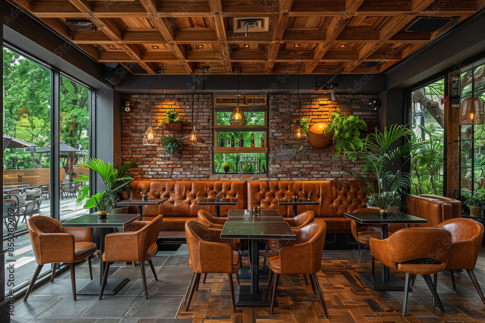Fototapeta premium Modern Restaurant with Wooden Ceiling