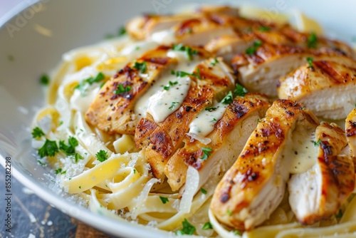 Delicious Grilled Chicken Alfredo Pasta with Fresh Parmesan and Herbs for Gourmet Dining Experience