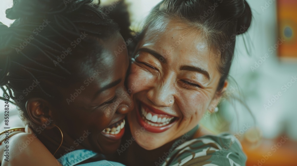 Fototapeta premium Lesbian pair laughing and telling a joke at home. Happy, loving, and smiling interracial lgbtq ladies unite in their modern apartment living room.
