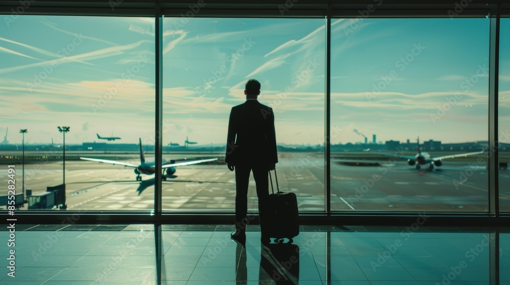 Businessman with suitcase waiting to board flight for corporate work trip. Transportation, bags, and professional male traveler viewing jet from terminus lounge window. Businessman with suitcase waiting to board flight for corporate work trip. Transportation, bags, and professional male traveler viewing jet from terminus lounge window.