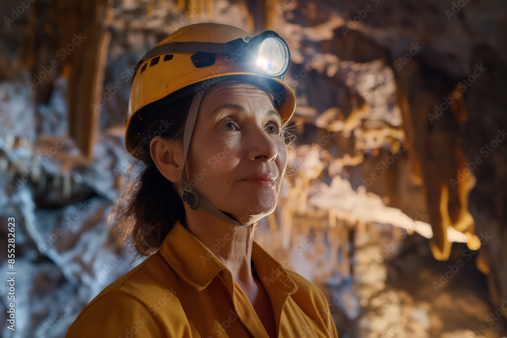 Caver Wearing Helmet with Headlamp in Cavern, Woman Caving Caver Wearing Helmet with Headlamp in Cavern, Woman Caving