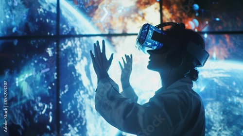 A woman wearing a VR headset interacts with a digital environment, immersing herself in a virtual world. The background is a digital projection of a planet, indicating a futuristic setting. © AriyaniAI
