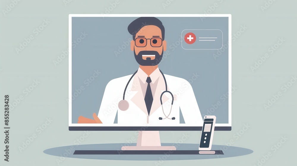 A doctor in a white coat with a stethoscope is on a computer screen, offering virtual consultations. A doctor in a white coat with a stethoscope is on a computer screen, offering virtual consultations.
