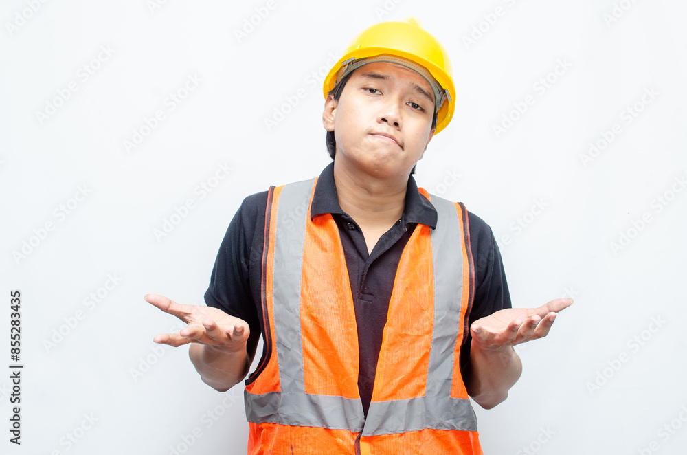 Asian male construction worker in hardhat and orange vest looks sad with crying gesture. stressed overworked concept. workers' insurance concept. Asian male construction worker in hardhat and orange vest looks sad with crying gesture. stressed overworked concept. workers' insurance concept.