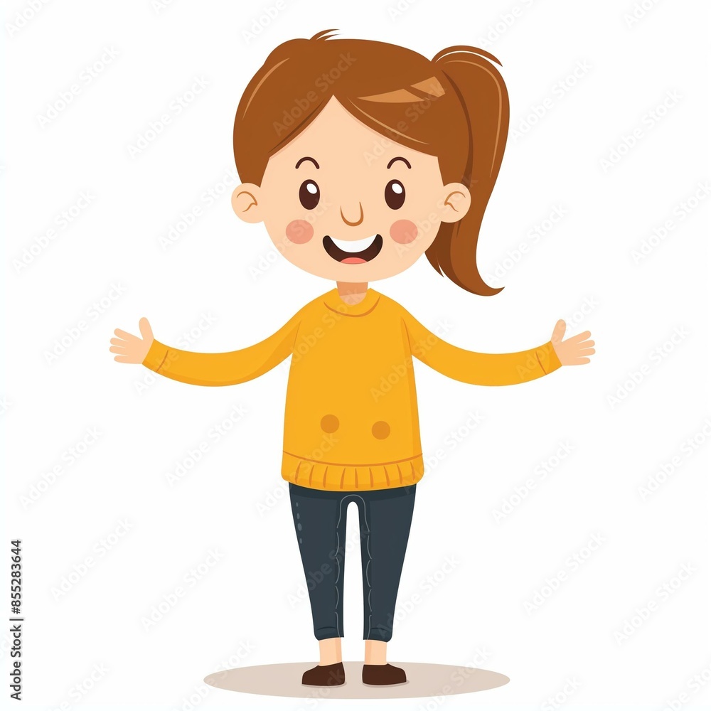 Happy Cartoon Girl in Yellow Sweater with Open Arms on White Background Happy Cartoon Girl in Yellow Sweater with Open Arms on White Background