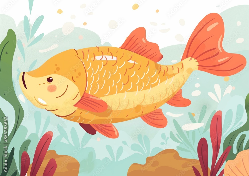 Naklejka premium Colorful Cartoon Goldfish Swimming in Underwater Coral Reef Scene.