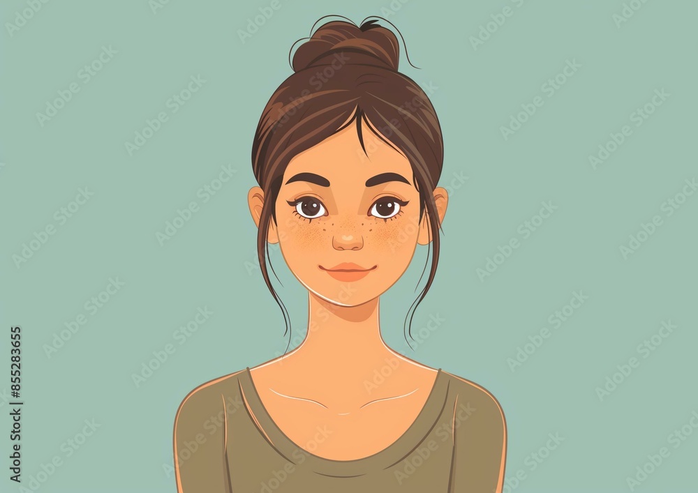 Young Woman Illustration with Freckles and Bun Hairstyle on Green Background Young Woman Illustration with Freckles and Bun Hairstyle on Green Background