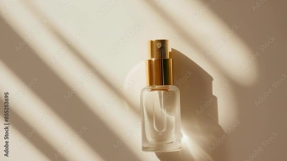 An elegant empty glass perfume bottle with a gold cap is placed on a surface, bathed in warm sunlight. The bottle casts soft shadows, creating a serene and calming atmosphere. An elegant empty glass perfume bottle with a gold cap is placed on a surface, bathed in warm sunlight. The bottle casts soft shadows, creating a serene and calming atmosphere.