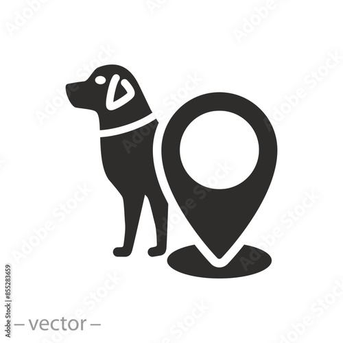 dog with map pin icon, location pet, care animal concept, flat symbol on white background - vector illustration